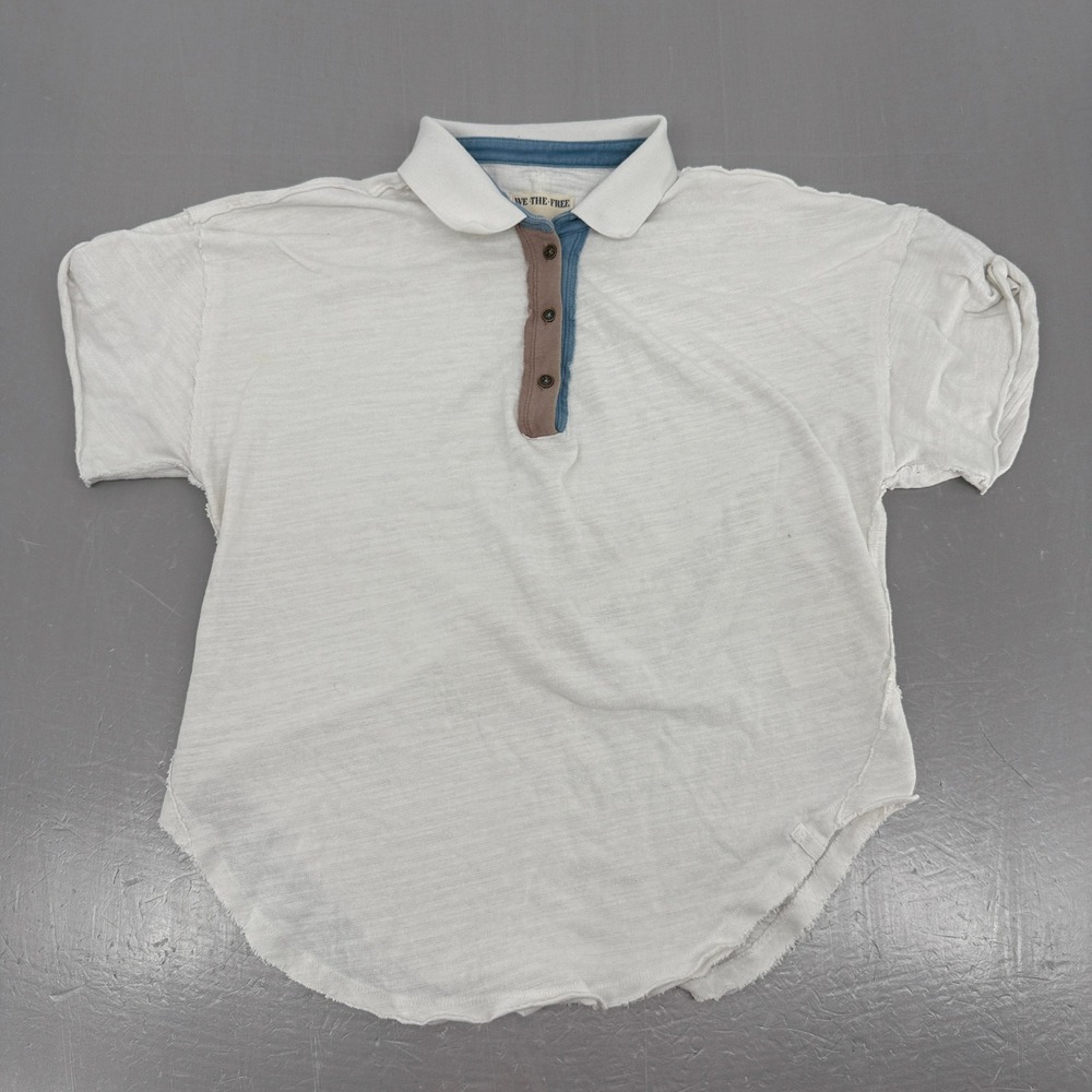 We The Free Free People White Slub Knit Polo‎ Shirt Short Sleeve Small 12216